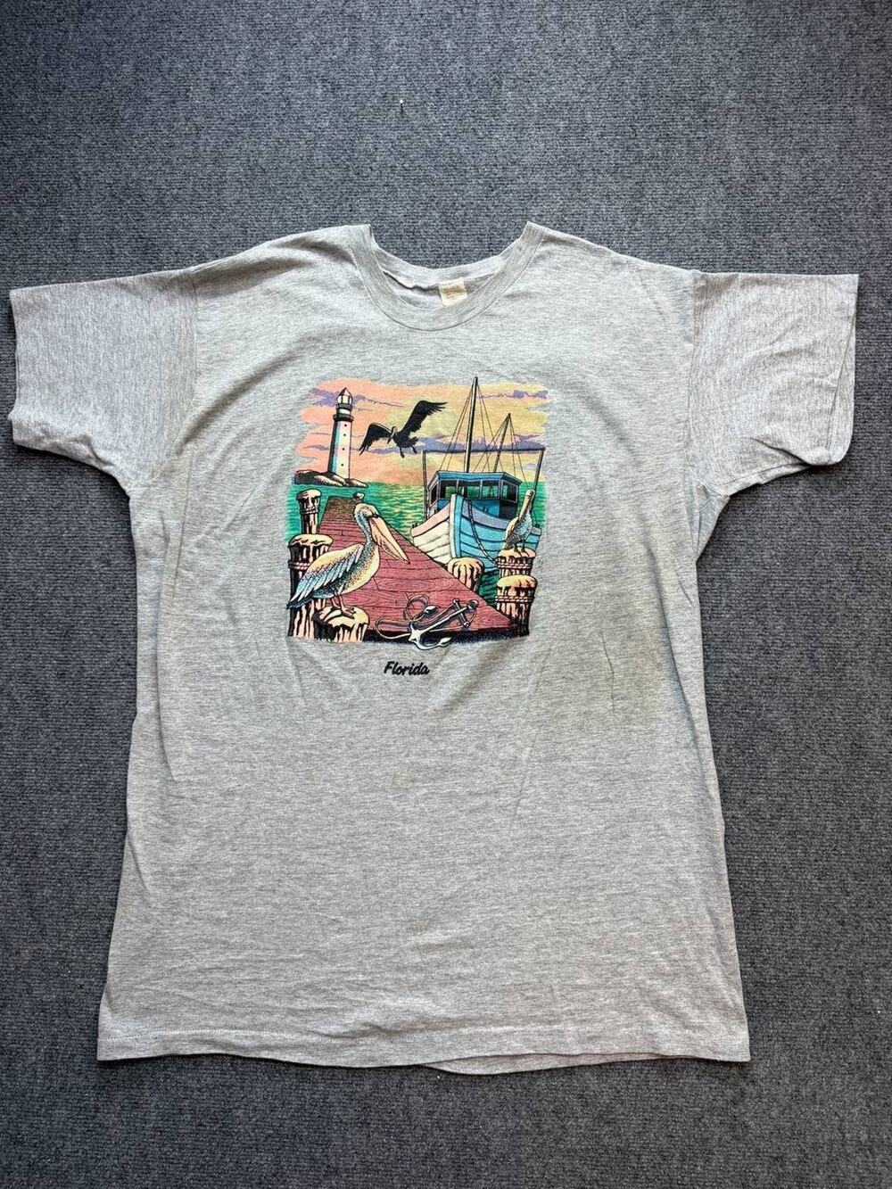Vintage Blanx Florida Pelican Lighthouse T-Shirt Women's XL Gray Made In USA
